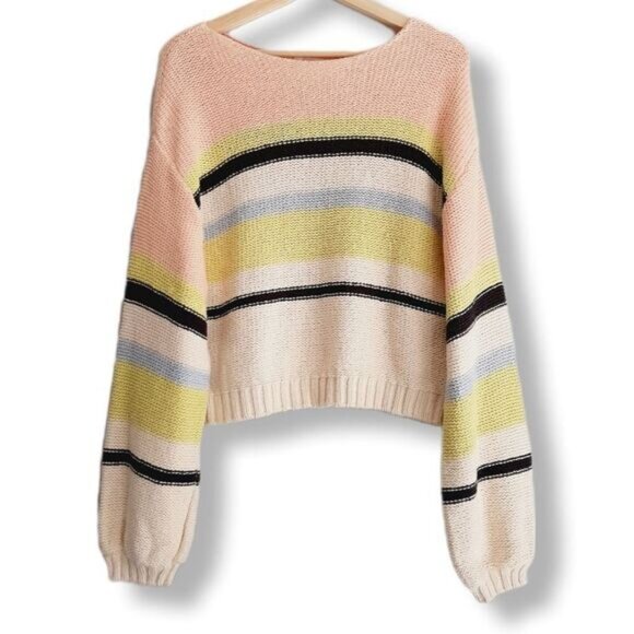 BILLABONG Seeing Stripes Sweater Crop Pink Lemongrass Sz M - Picture 2 of 15